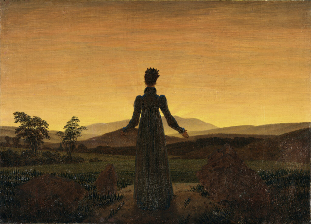 Caspar David Friedrich, Femme devant le soleil couchant, 1818, huile sur toile, 22 cm x 30 cm, Essen, musée Folkwang.